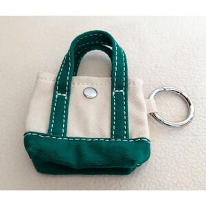 LL Bean Miniature Canvas Boat and Tote Green And Cream Bag Key Chain Coin Purse